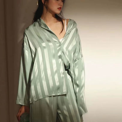 Women'S Summer Striped Pajama Set Long Sleeve Top Trousers Silk Satin Home Suit Spring Loose Casual Sleepwear Female Nightwear